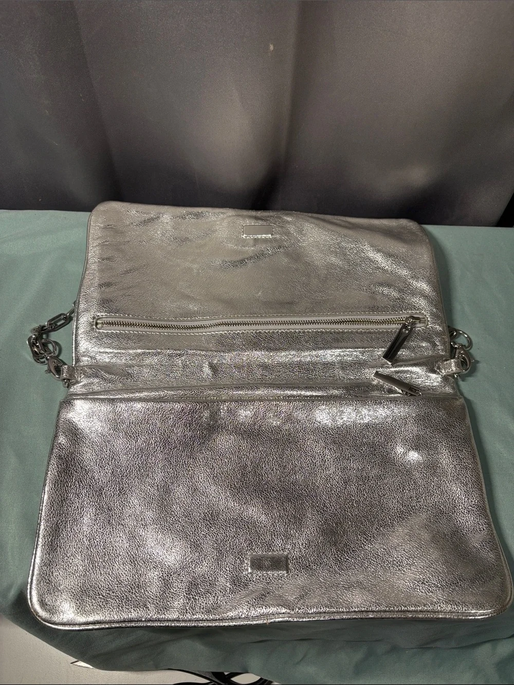 Tory Burch Reva Metallic Silver Crackled Leather Chain Clutch Shoulder Bag